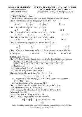 Đề kiểm tra học kỳ II môn Toán song ngữ Lớp 7 - Năm học 2015-2016 - Sở GD & ĐT Vĩnh Phúc (Có đáp án)